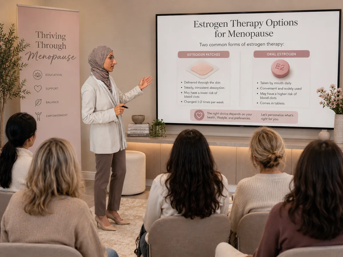 Dr. Jumana Al-Deek, DO leading a Thriving Through Menopause education session on estrogen therapy options for a group of women