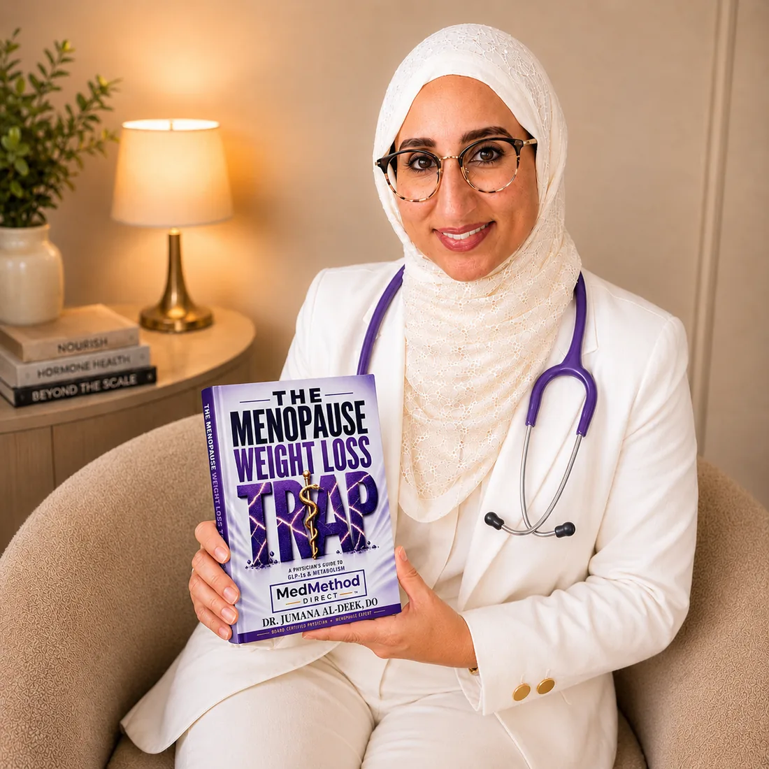 Dr. Jumana Al-Deek, DO holding her book The Menopause Weight Loss Trap