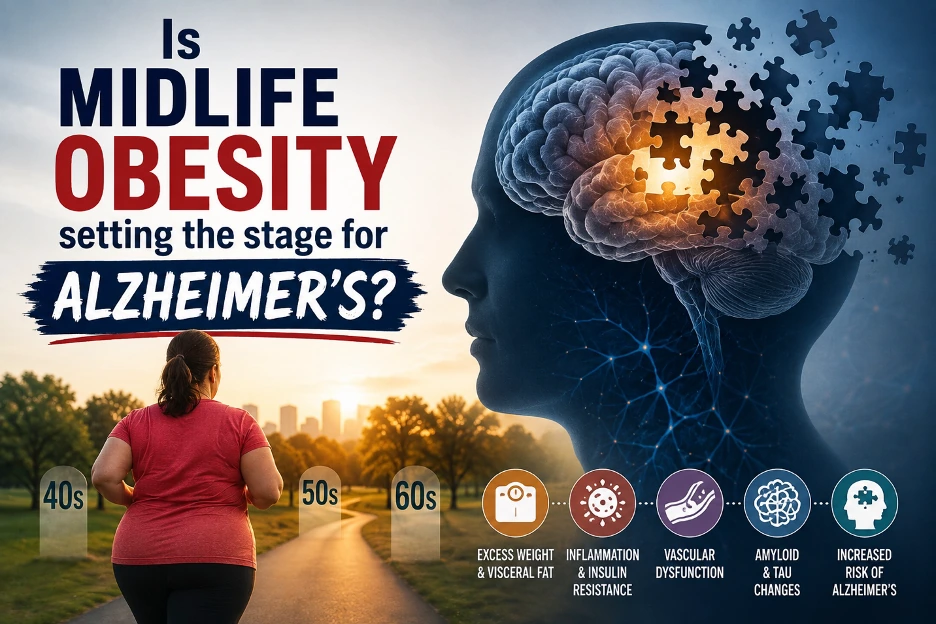 Article artwork illustrating the relationship between midlife obesity and Alzheimer’s disease