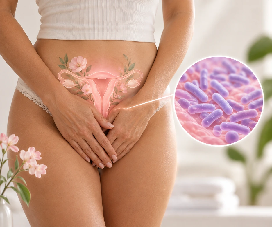Article artwork depicting recurrent UTIs, menopause, and vaginal microbiome health