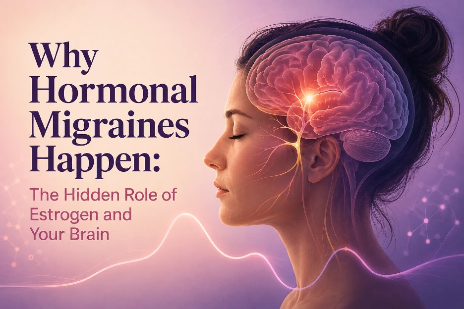 Article artwork illustrating hormonal migraine pathways and estrogen fluctuations.